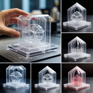 Сравнение 3D-печатных деталей из прозрачного материала: мутный образец с видимыми слоями и кристально чистая отполированная деталь на фоне оборудования