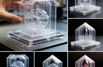 Сравнение 3D-печатных деталей из прозрачного материала: мутный образец с видимыми слоями и кристально чистая отполированная деталь на фоне оборудования