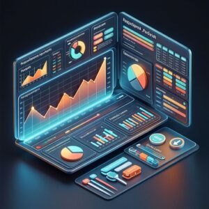 Футуристическая панель аналитики расходов 3D-производства: дашборд с графиками, диаграммами и метриками себестоимости материалов и оборудования