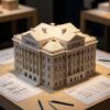 3D-печатный архитектурный макет классического здания с колоннами и детализированным фасадом на рабочем столе архитектора с чертежами