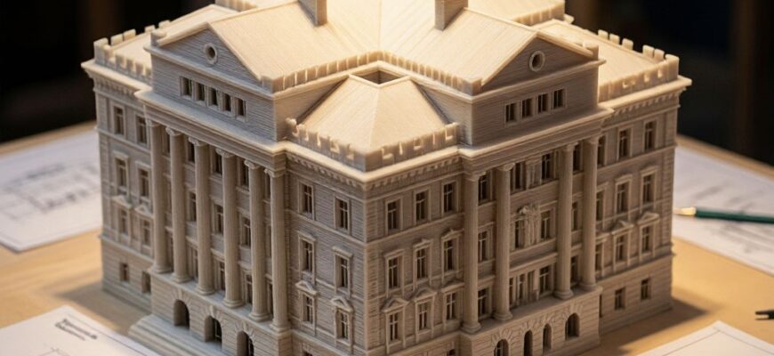 3D-печатный архитектурный макет классического здания с колоннами и детализированным фасадом на рабочем столе архитектора с чертежами