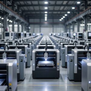 Промышленная 3D-ферма: ряды 3D-принтеров в производственном помещении для масштабирования аддитивного производства