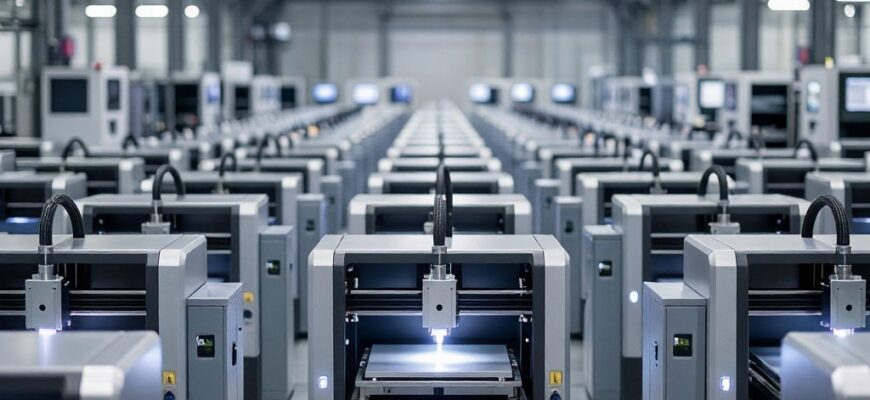 Промышленная 3D-ферма: ряды 3D-принтеров в производственном помещении для масштабирования аддитивного производства