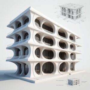 3D-печатный архитектурный фасад со сложной органической текстурой: фрагмент здания с декоративными элементами, изготовленными методом крупноформатной аддитивной печати, на этапе монтажа и презентации заказчику