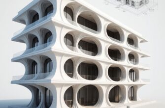 3D-печатный архитектурный фасад со сложной органической текстурой: фрагмент здания с декоративными элементами, изготовленными методом крупноформатной аддитивной печати, на этапе монтажа и презентации заказчику