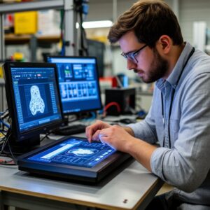Инженер анализирует дашборд системы удаленного мониторинга 3D-фермы: отслеживание статуса принтеров, диагностика сбоев и управление очередью печати в реальном времени