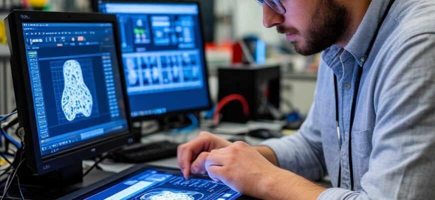 Инженер анализирует дашборд системы удаленного мониторинга 3D-фермы: отслеживание статуса принтеров, диагностика сбоев и управление очередью печати в реальном времени