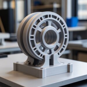 Инженер проверяет точную посадку двух 3D-печатных деталей с криволинейными поверхностями: сборка функционального узла с учетом допусков и компенсации усадки