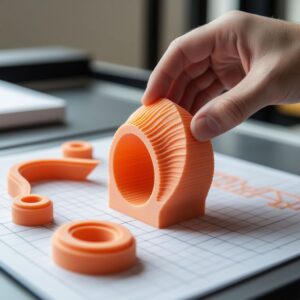 Инженер проверяет эластичность 3D-печатной детали из гибкого TPU-пластика: демонстрация упругости материала на фоне принтера с директ-экструдером и экрана с настройками слайсера