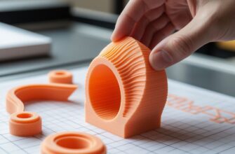 Инженер проверяет эластичность 3D-печатной детали из гибкого TPU-пластика: демонстрация упругости материала на фоне принтера с директ-экструдером и экрана с настройками слайсера