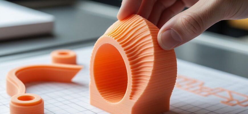 Инженер проверяет эластичность 3D-печатной детали из гибкого TPU-пластика: демонстрация упругости материала на фоне принтера с директ-экструдером и экрана с настройками слайсера