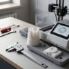 Контроль качества 3D-печати: цифровая штангенциркуль измеряет 3D-печатную деталь на рабочем столе с инструментами и 3D-принтером