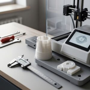 Контроль качества 3D-печати: цифровая штангенциркуль измеряет 3D-печатную деталь на рабочем столе с инструментами и 3D-принтером