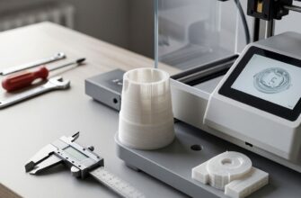 Контроль качества 3D-печати: цифровая штангенциркуль измеряет 3D-печатную деталь на рабочем столе с инструментами и 3D-принтером