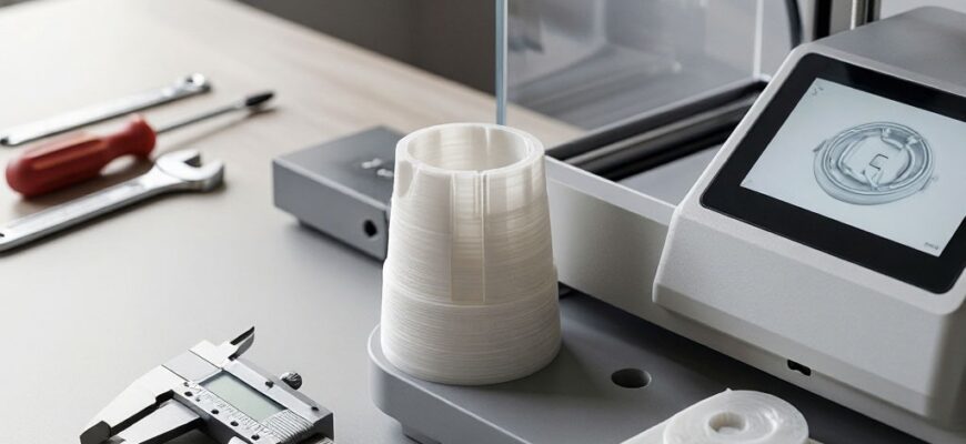 Контроль качества 3D-печати: цифровая штангенциркуль измеряет 3D-печатную деталь на рабочем столе с инструментами и 3D-принтером