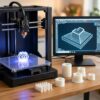 FDM 3D-принтер печатает геометрическую модель с подсветкой: рабочий процесс с CAD-моделью на мониторе и готовыми 3D-печатными деталями на столе