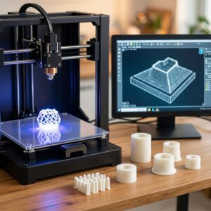 FDM 3D-принтер печатает геометрическую модель с подсветкой: рабочий процесс с CAD-моделью на мониторе и готовыми 3D-печатными деталями на столе