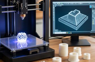 FDM 3D-принтер печатает геометрическую модель с подсветкой: рабочий процесс с CAD-моделью на мониторе и готовыми 3D-печатными деталями на столе