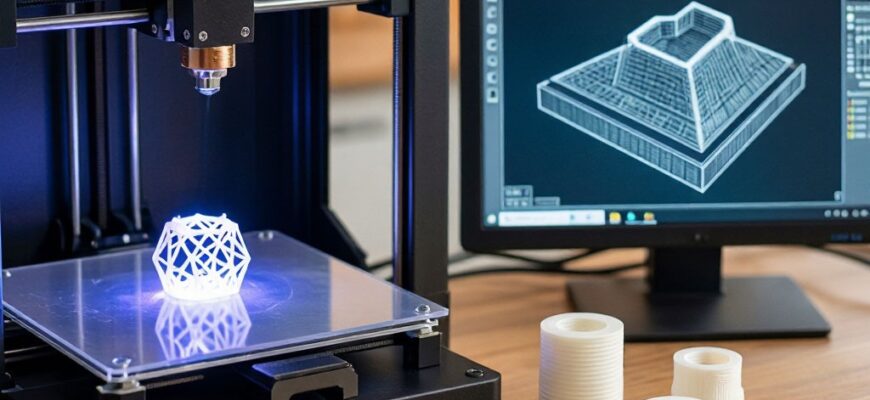 FDM 3D-принтер печатает геометрическую модель с подсветкой: рабочий процесс с CAD-моделью на мониторе и готовыми 3D-печатными деталями на столе