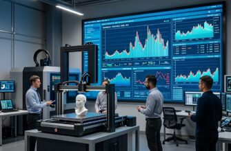 Инженеры контролируют процесс 3D-печати на современном производстве: команда наблюдает за печатью модели на фоне видео стены с аналитикой и графиками параметров печати