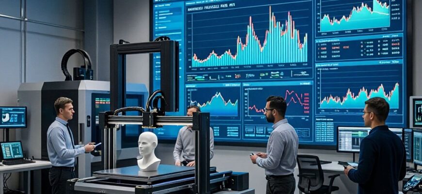 Инженеры контролируют процесс 3D-печати на современном производстве: команда наблюдает за печатью модели на фоне видео стены с аналитикой и графиками параметров печати