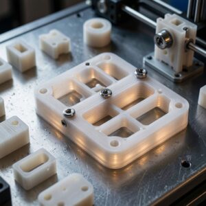 3D-печатная деталь с установленными резьбовыми вставками: белая функциональная пластина с отверстиями и металлическими гайками на строительной платформе