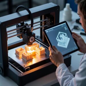 3D-печатные детали игрового набора и конструктора: миниатюры, шестерни и соединительные элементы с точными посадочными местами на рабочем столе