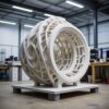 Инженер осматривает крупногабаритную 3D-печатную деталь на производственном столе: проверка геометрии большого корпуса на предмет расслоения и коробления после длительной печати