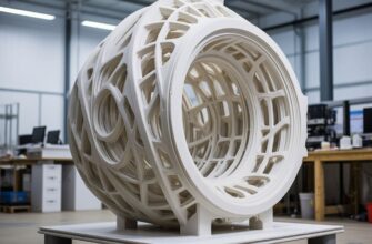 Инженер осматривает крупногабаритную 3D-печатную деталь на производственном столе: проверка геометрии большого корпуса на предмет расслоения и коробления после длительной печати