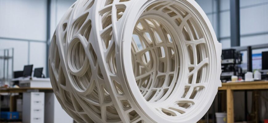 Инженер осматривает крупногабаритную 3D-печатную деталь на производственном столе: проверка геометрии большого корпуса на предмет расслоения и коробления после длительной печати