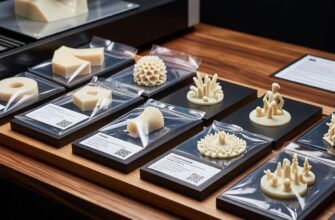 Образцы 3D-печати для демонстрации возможностей: различные тестовые модели и калибровочные детали с QR-кодами на подставках, 3D-принтер на заднем плане