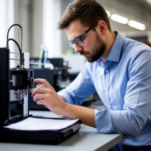 Инженер анализирует образцы 3D-печати разных технологий (FDM, SLA, SLS) и сверяет их с матрицей выбора технологии для определения оптимального метода под конкретный заказ клиента