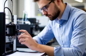 Инженер анализирует образцы 3D-печати разных технологий (FDM, SLA, SLS) и сверяет их с матрицей выбора технологии для определения оптимального метода под конкретный заказ клиента