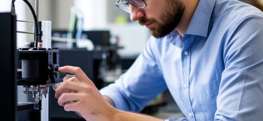 Инженер анализирует образцы 3D-печати разных технологий (FDM, SLA, SLS) и сверяет их с матрицей выбора технологии для определения оптимального метода под конкретный заказ клиента