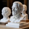 Инженер и скульптор анализируют 3D-печатную скульптуру из нейлона: оценка микродетализации, текстуры и отсутствия дефектов деформации для достижения выразительного художественного образа