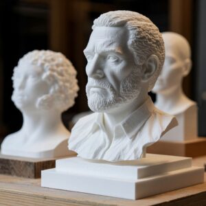 Инженер и скульптор анализируют 3D-печатную скульптуру из нейлона: оценка микродетализации, текстуры и отсутствия дефектов деформации для достижения выразительного художественного образа