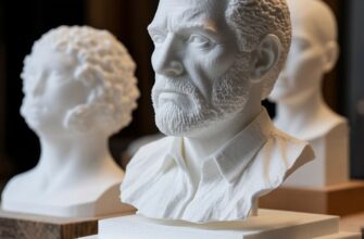 Инженер и скульптор анализируют 3D-печатную скульптуру из нейлона: оценка микродетализации, текстуры и отсутствия дефектов деформации для достижения выразительного художественного образа