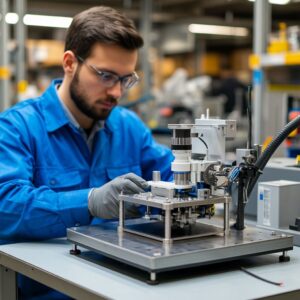 Инженер проводит химические и механические испытания 3D-печатной детали из инженерного пластика: оценка устойчивости к агрессивным средам и циклическим нагрузкам для подтверждения надёжности эксплуатации