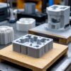 Инженер осматривает 3D-печатную литьевую форму из высокотемпературного композита, готовую для мелкосерийного литья под давлением, на фоне партии готовых отлитых пластиковых деталей