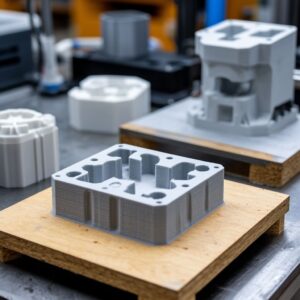 Инженер осматривает 3D-печатную литьевую форму из высокотемпературного композита, готовую для мелкосерийного литья под давлением, на фоне партии готовых отлитых пластиковых деталей