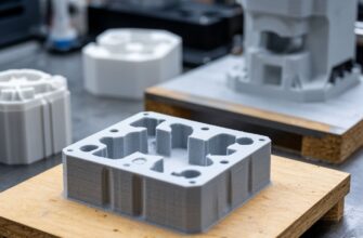Инженер осматривает 3D-печатную литьевую форму из высокотемпературного композита, готовую для мелкосерийного литья под давлением, на фоне партии готовых отлитых пластиковых деталей