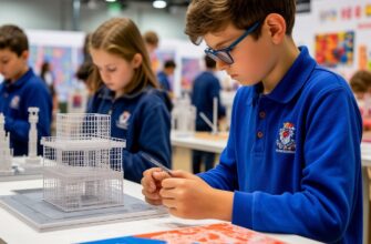 Ученик и учитель оценивают прочный и детализированный 3D-печатный экспонат (например, модель двигателя или архитектурный макет) на школьной выставке, демонстрируя успешную и надежную интеграцию технологий в образование