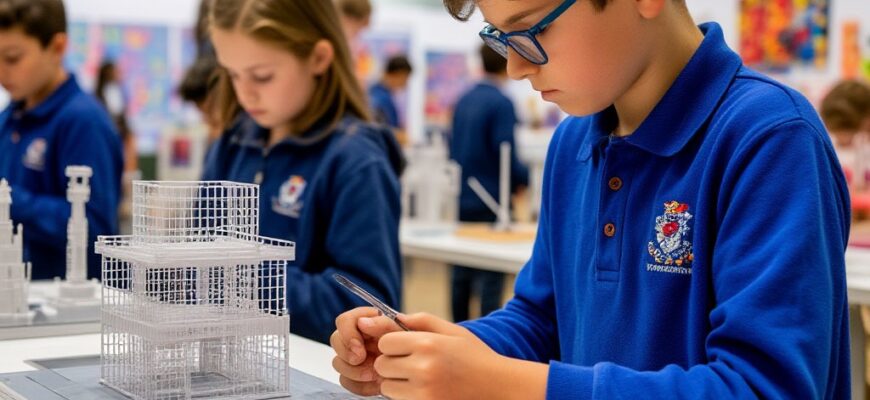 Ученик и учитель оценивают прочный и детализированный 3D-печатный экспонат (например, модель двигателя или архитектурный макет) на школьной выставке, демонстрируя успешную и надежную интеграцию технологий в образование