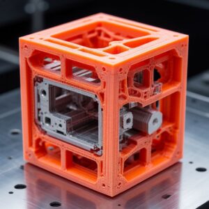 Инженер исследует 3D-модель сложной внутренней решётчатой структуры и конформных каналов охлаждения на экране: проверка дренажных отверстий и толщины стенок для предотвращения брака при печати