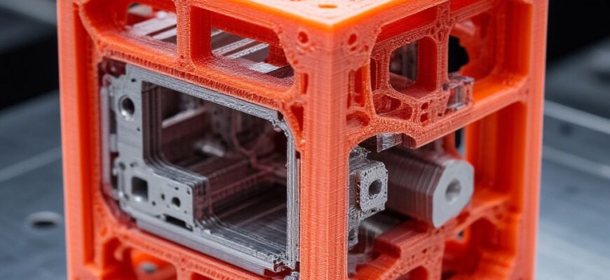 Инженер исследует 3D-модель сложной внутренней решётчатой структуры и конформных каналов охлаждения на экране: проверка дренажных отверстий и толщины стенок для предотвращения брака при печати