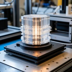 Сравнение CAD-модели и реальной DLP-напечатанной детали под микроскопом: демонстрация эффекта пикселизации (воксельной сетки) и светорассеивания на микроскопических элементах