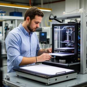 Инженер анализирует дашборд управления парком 3D-принтеров на производственной линии, оценивая риски масштабирования, контроль качества и логистику постобработки при переходе от пилотного проекта к промышленному выпуску