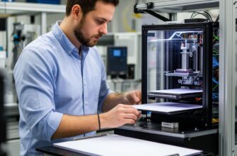 Инженер анализирует дашборд управления парком 3D-принтеров на производственной линии, оценивая риски масштабирования, контроль качества и логистику постобработки при переходе от пилотного проекта к промышленному выпуску