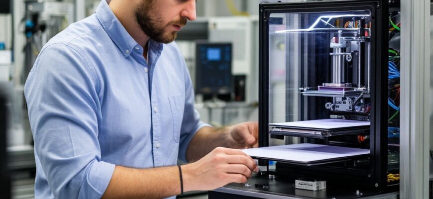 Инженер анализирует дашборд управления парком 3D-принтеров на производственной линии, оценивая риски масштабирования, контроль качества и логистику постобработки при переходе от пилотного проекта к промышленному выпуску