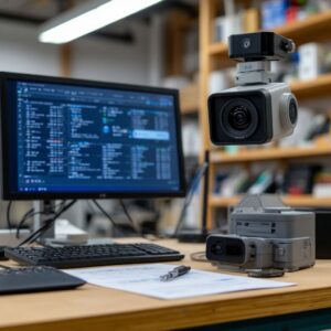 Инженер настраивает систему удаленного мониторинга 3D-фермы: установка IP-камеры с ИИ-детекцией дефектов и датчиков температуры/влажности на 3D-принтере, экран с дашбордом телеметрии в реальном времени